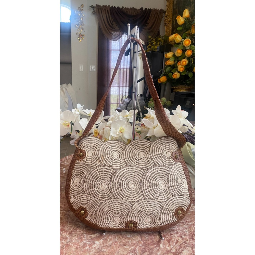 New Eric Javits Tan Brown Leather Trim Scalloped Raffia Hobo Shoulder Bag, $395